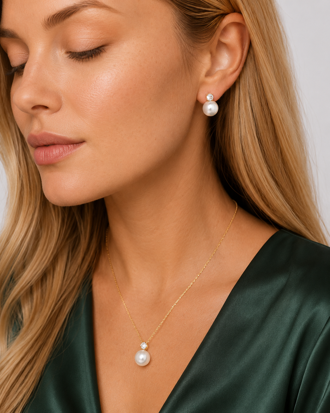 Lustre Necklace och Lustre Stud i 316 kirurgiskt stål och 18k PVD-guld, guldfärgat halsband och pärlörhängen med klara stenar burna mot grön textil.