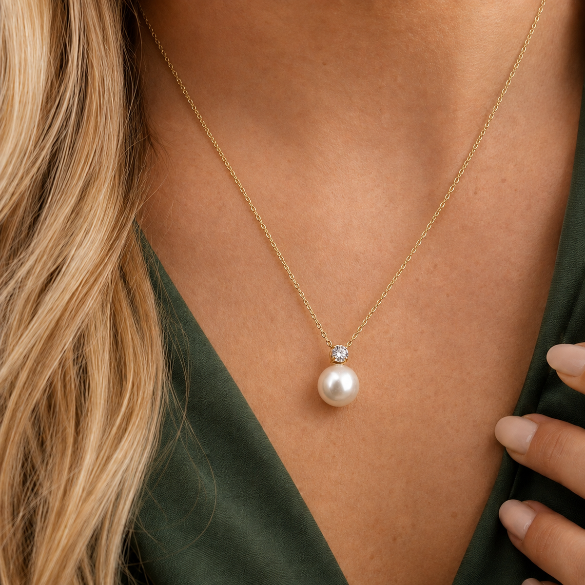 Lustre Necklace i 316 kirurgiskt stål och 18k PVD-guld, guldfärgat halsband med pärla och klar sten buret mot grön textil.