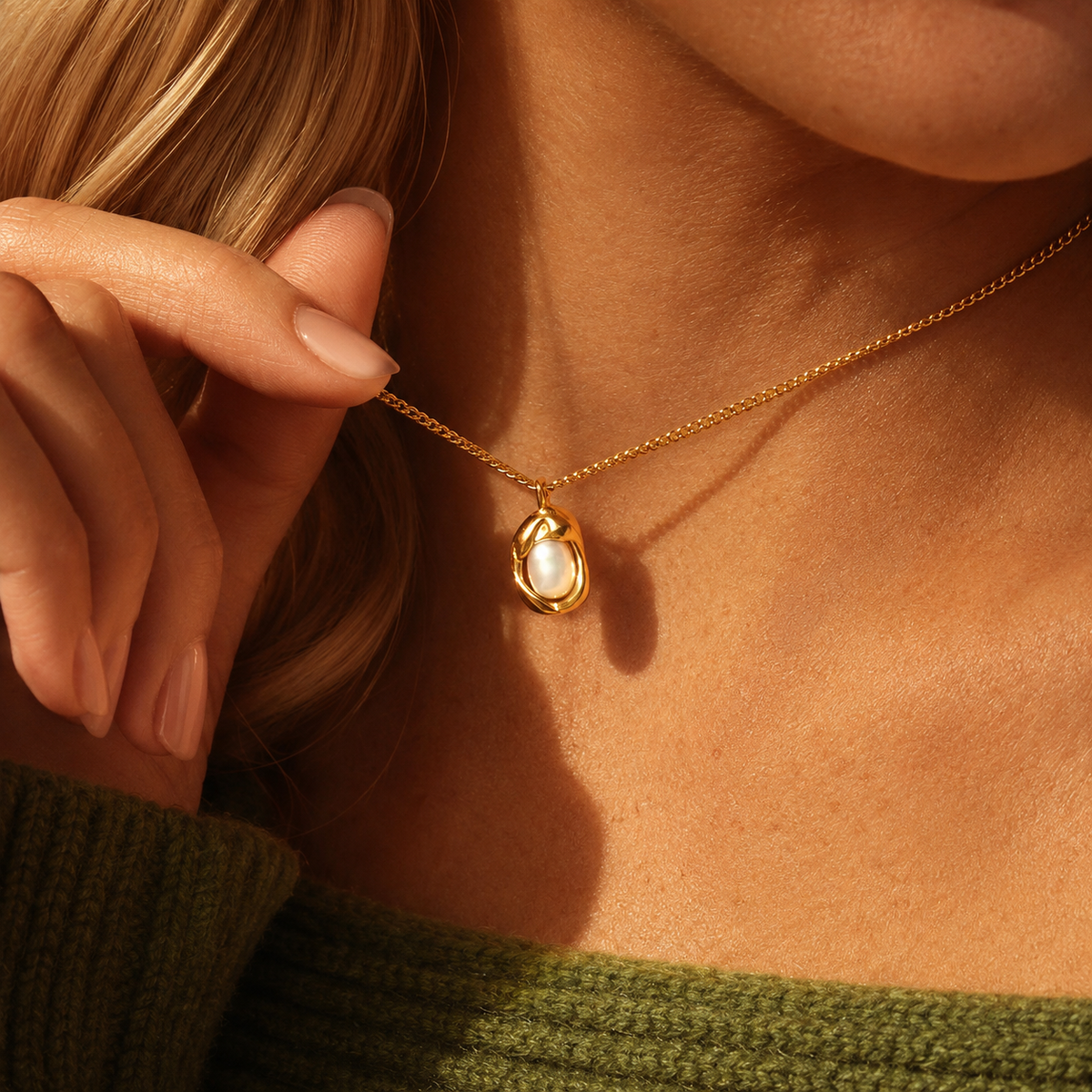 Oyster Necklace i 316 kirurgiskt stål och 18k PVD-guld, närbild på guldfärgat halsband med pärldetalj buret vid halsen.