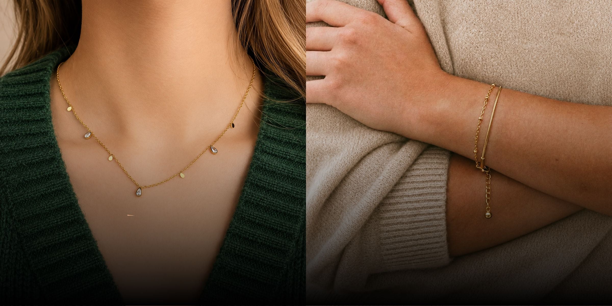 Vattentåliga smycken från Serein Arc i 316 kirurgiskt stål och 18k PVD-guld, med halsband och armband burna mot grön och beige stickad textil.