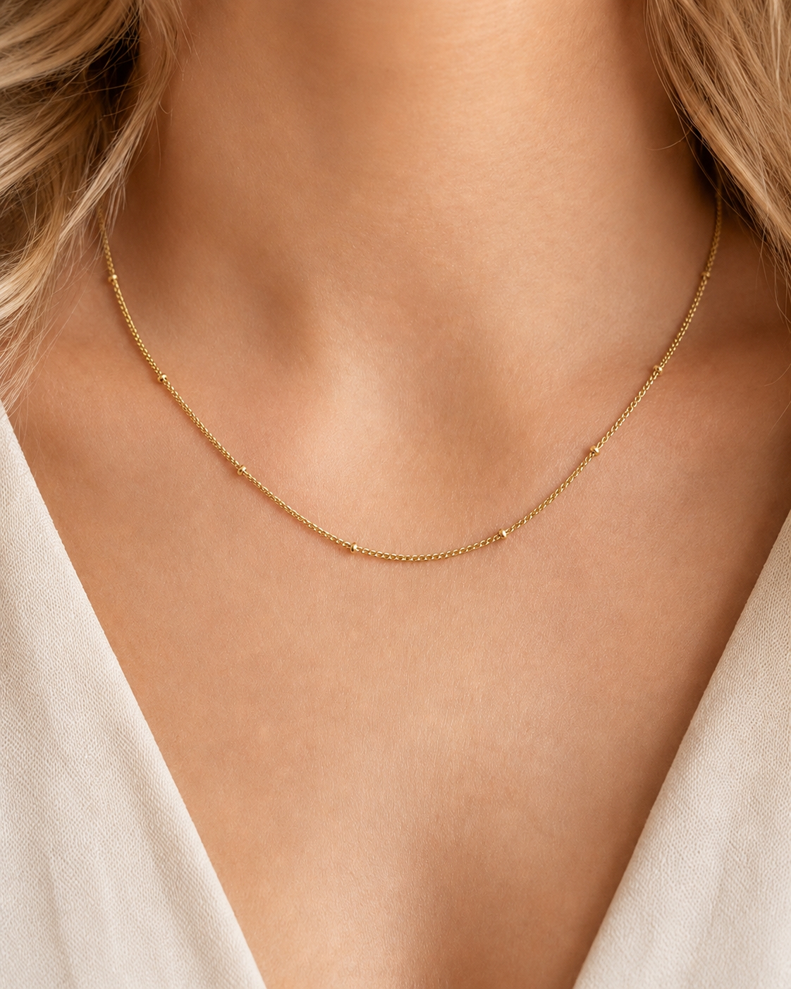 Tether Necklace i 316 kirurgiskt stål och 18k PVD-guld, ett nätt guldfärgat halsband med små kuldetaljer buret på halsen mot vit textil.